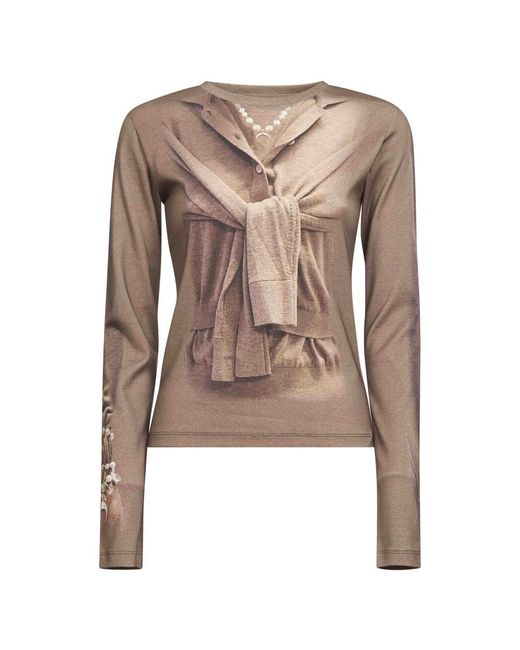 MARINE SERRE Trompe-L'Oeil Knit Jersey Ls T-Shirt in het Brown
