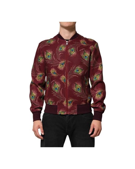 Dolce & Gabbana Jassen ,Veelkleurig Peacock Feather Print Bomber Jacket in het Red voor heren