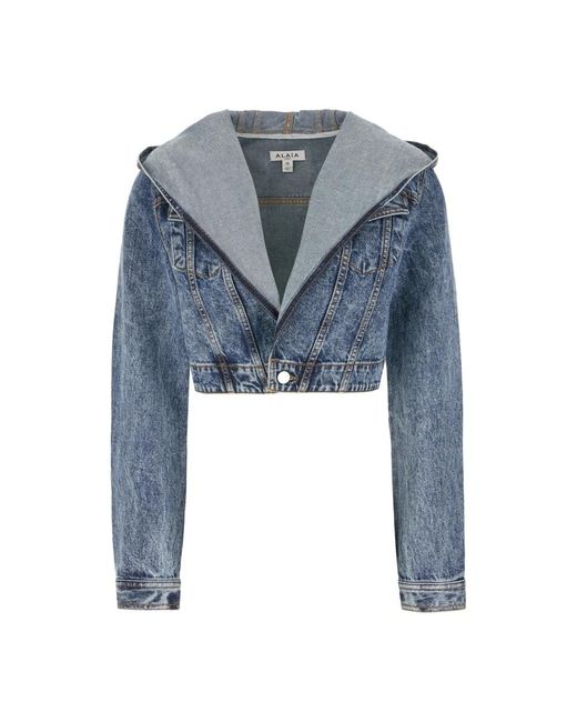 Alaïa Hooded Cropped Denim Jacket in het Blue
