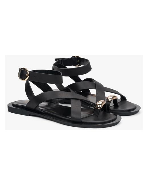 ESTRO Schoenen ,Zwart ,Leer Leren Sandalen Met Bandjes En Teenring in het Black
