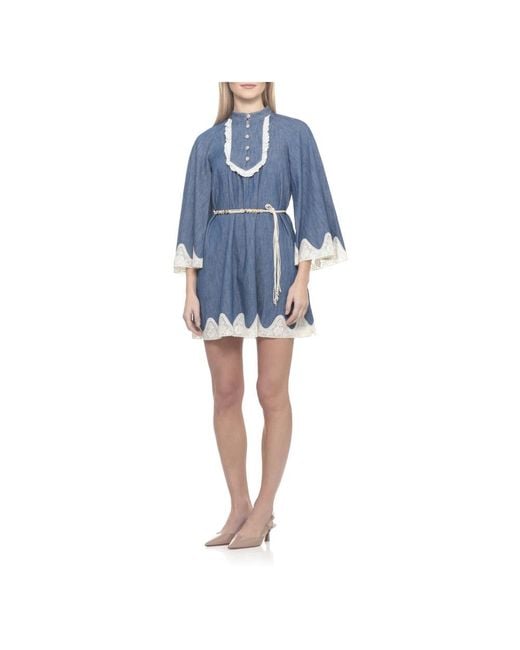 Zimmermann Blue Denim Mini Dress With Scalloped Lace Detailing