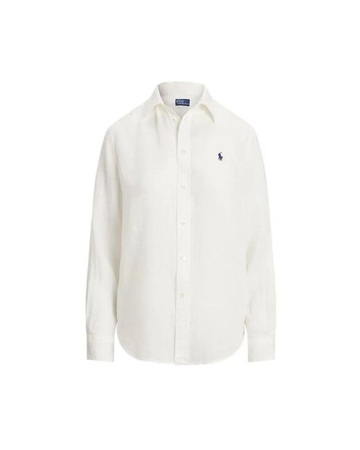 Polo Ralph Lauren White Weiße leinenbluse mit gesticktem pony,klassische weiße leinenbluse