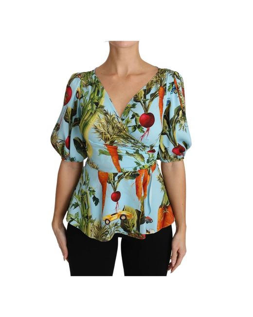 Dolce & Gabbana Green Dolce Gabbana Multicolor Vegetable Print Silk Top Peplum Wrap Blouse