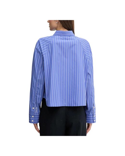Calvin Klein Overhemden ,Blauw ,Katoen Verticaal Gestreepte Boxy Shirt in het Blue