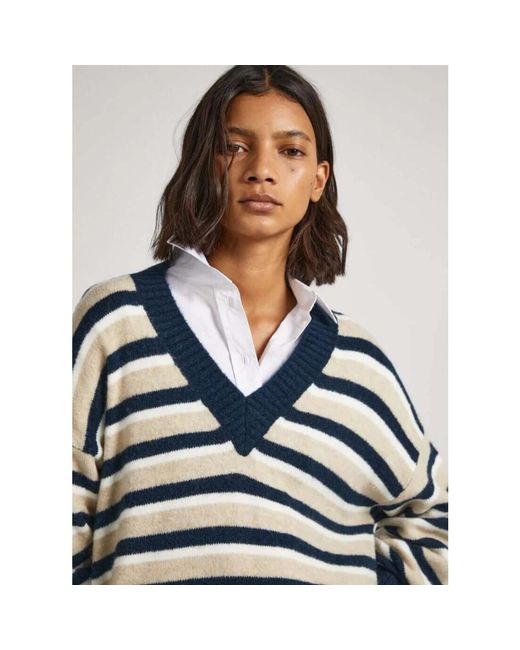 Pepe Jeans Truien & Vesten ,Blauw ,Wol V-Neck Truien in het White