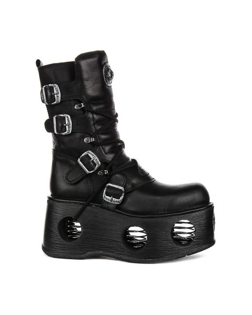 New Rock Black Lace-Up Boots