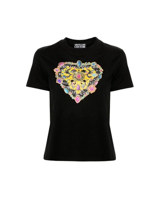 Magliette nera in cotone con logo a cuore di Versace in Black