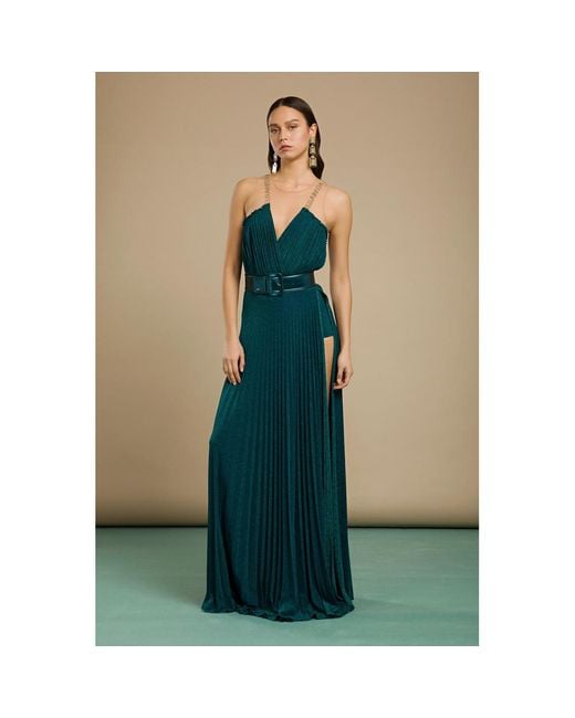 Abito lungo plissettato con cintura di Elisabetta Franchi in Verde | Lyst