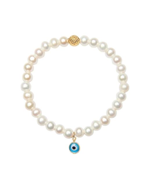 Nialaya Metallic Wristband with pearls and blue evil eye charm