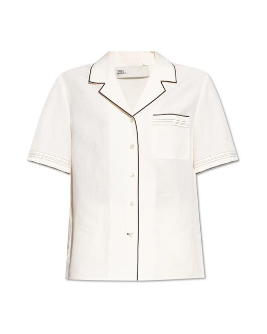 Tory Burch Overhemden ,Linnen Kortemouwenshirt in het White