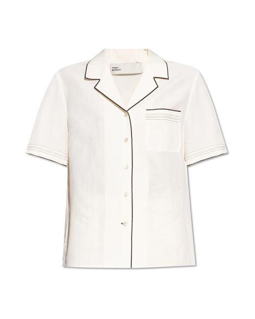 Tory Burch Overhemden ,Linnen Kortemouwenshirt in het White