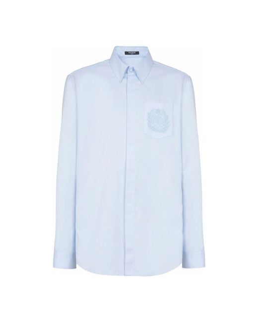 Balmain Hemd Aus Baumwolle Mit Aufgesticktem Écusson-Wappen in Blue für Herren