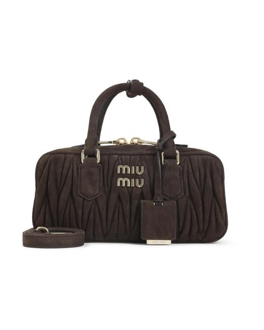 Miu Miu Bruine Leren Handtas Met Goudkleurig Logo in het Black
