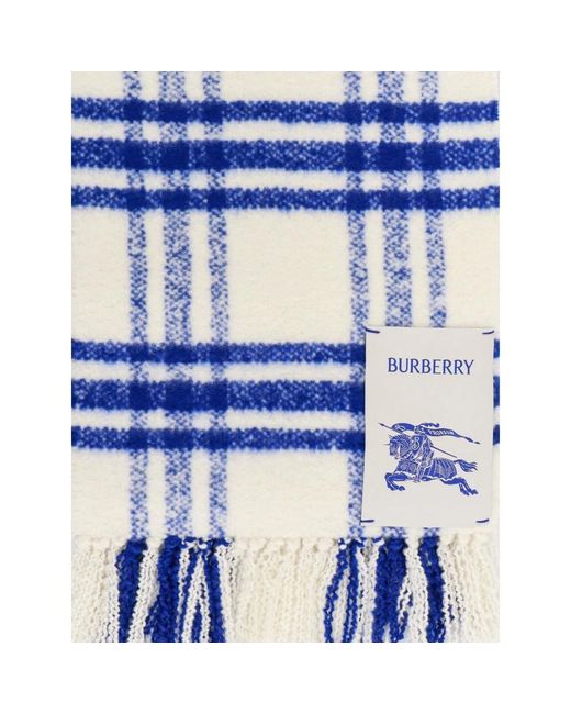 Burberry Blue Wool Fringed Check Scarf