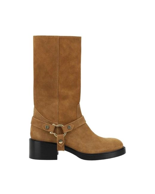 Botines De Ante Con Tacón Bloque, Mujer, Talla Chloé de color Brown