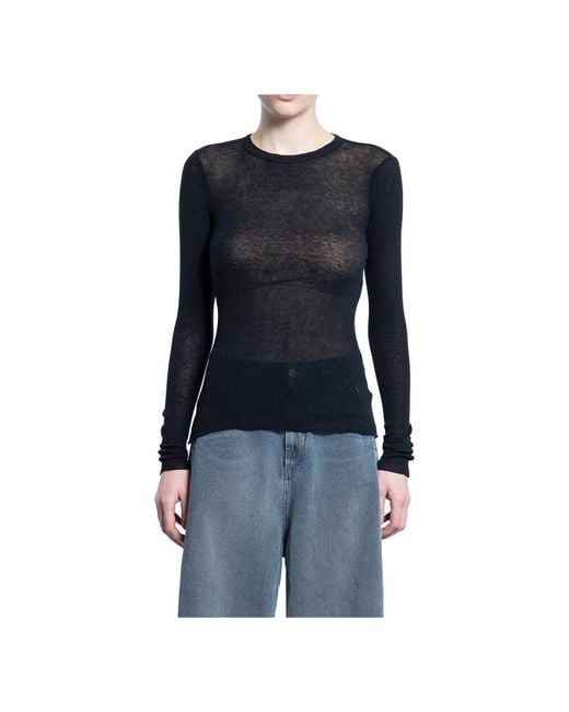 James Perse Blue Schwarzer Gerippter Baumwoll-Kaschmir-Rundhalsausschnittpullover