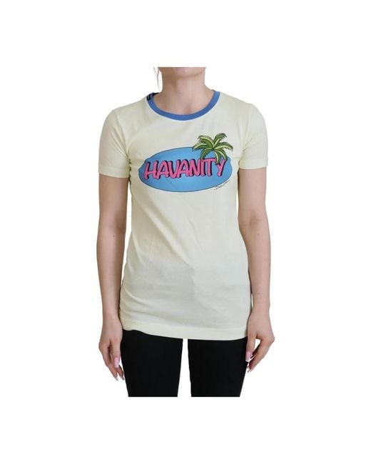 Dolce & Gabbana White Palm Tree Grafik Tee Gelb Baumwolle