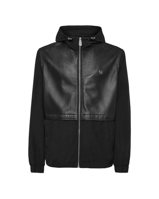Philipp Plein Jassen ,Zwart ,Nylon Nylon/Leren Jas Met Capuchon Ls in het Black voor heren