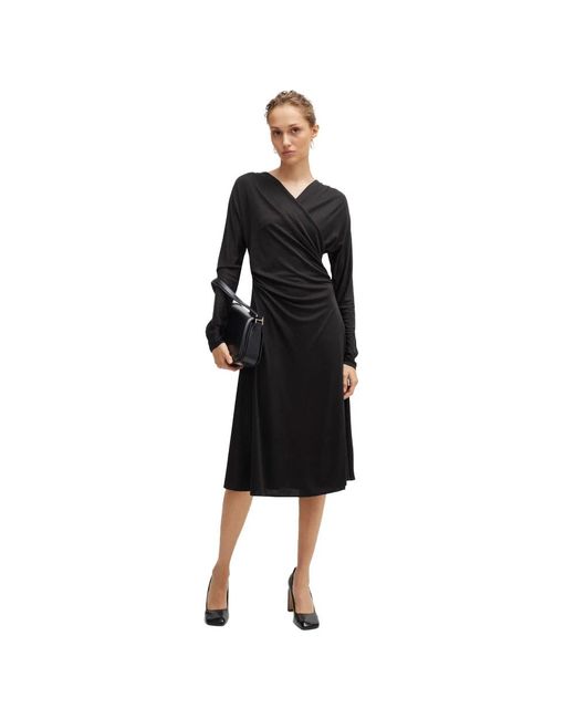 HUGO Kleedjes ,Zwart ,Polyester Elegante Jersey Jurk Met Gerimpelde Schouders in het Black