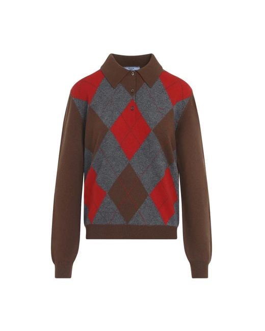 Prada Red Argyle Strick-Polo-Pullover