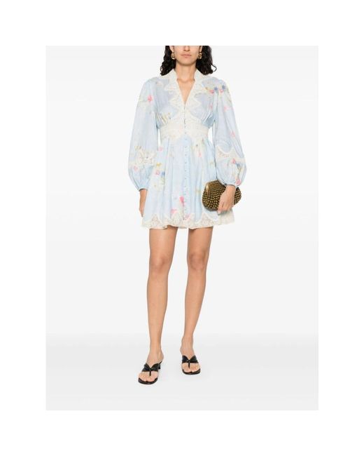 Zimmermann White Klares Blaues V-Ausschnitt Langarm Kleid