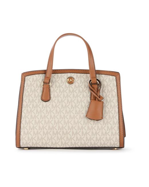 Michael Kors Natural Elfenbein und braun vegane lederhandtasche mit monogramm