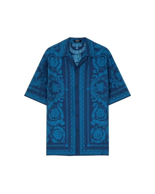 Versace Overhemden ,Blauw ,Printed Silk Twill Slim Shirt in het Blue voor heren