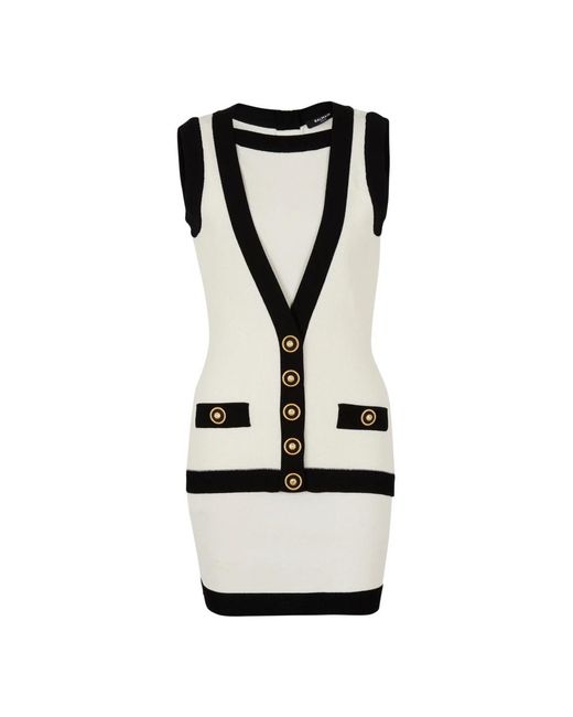 Balmain Kleedjes ,Polyester Tweekleurige Gebreide Jurk Met Nep Vestontwerp in het Black