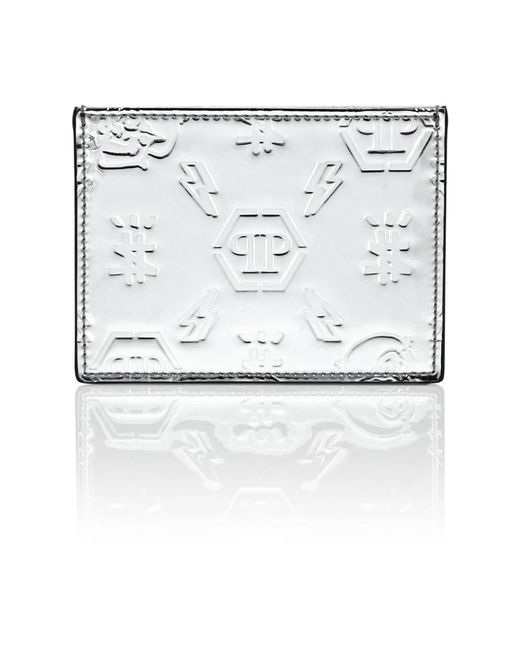 Philipp Plein Accessoires ,Grijs ,Leer Mirrored Leather Card Holder in het Metallic voor heren