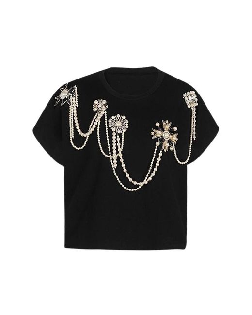 Balmain Tops ,Zwart ,Katoen Katoenen T-Shirt Met Korte Mouwen En Gouden Borduursel in het Black