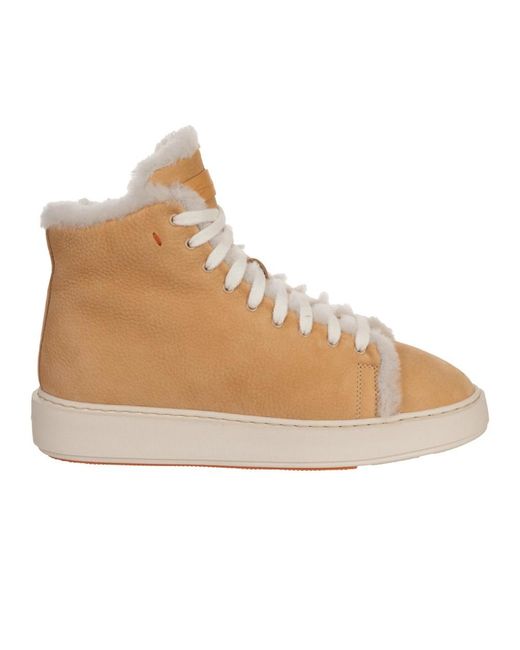 Santoni Natural High-Top Sneakers With Shearling Accents And Side Zipper