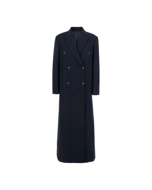 Brunello Cucinelli Blue Blauer Langer Mantel Mit Doppelreihiger Knopfleiste Frau