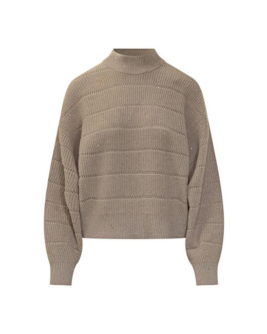 Brunello Cucinelli Truien & Vesten ,Bruin ,Geribbelde Coltrui in het Gray