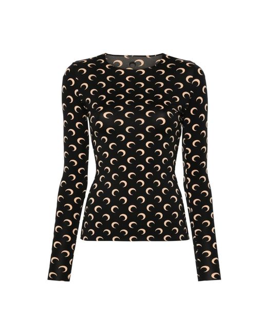 MARINE SERRE Tops ,Veelkleurig ,Tweed Top Met Maanprint En Ronde Hals in het Black