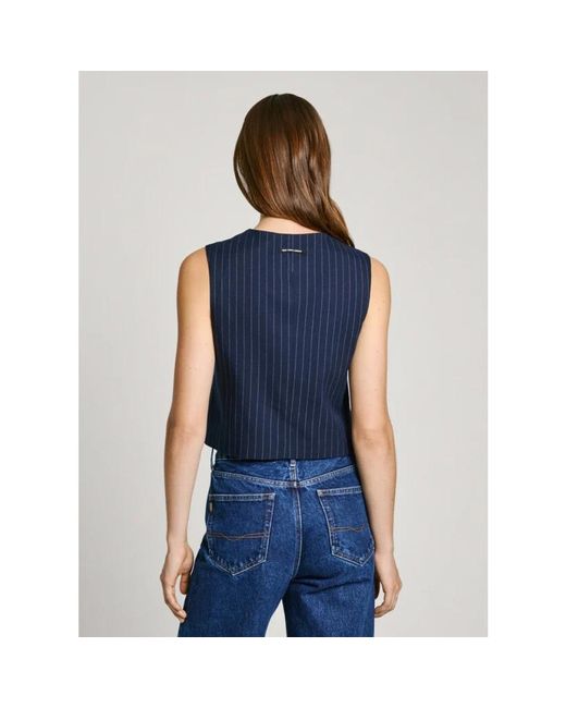 Pepe Jeans Jassen ,Blauw ,Diana Vest Met V-Hals En Gestreepte Print in het Blue