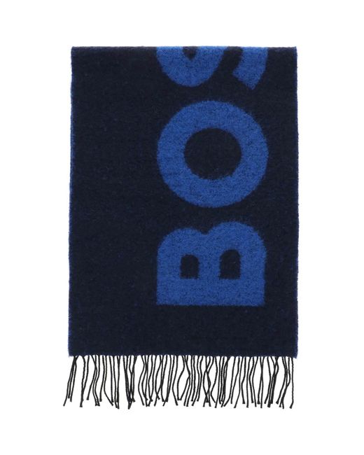 BOSS by HUGO BOSS Bouclé Wool Blend Scarf With Logo in Blue for Men | Lyst