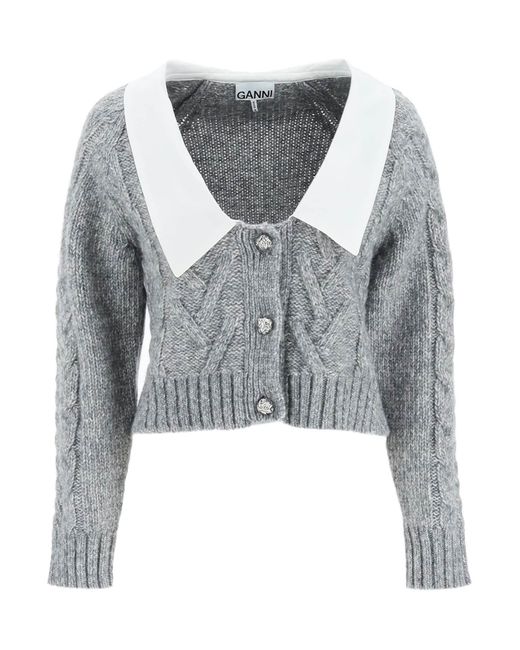 Ganni Cable Knit Cardigan With Collar in Gray | Lyst