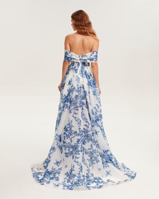 Millà Blue Catchy Off-The-Shoulder Hydrangea Maxi Dress