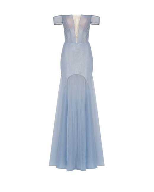 Millà Blue Long Off-The-Shoulder Prom Dress With Inner Skirt