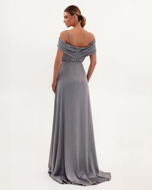 Millà Gray Elegant Off-The-Shoulder Silk Maxi Dress