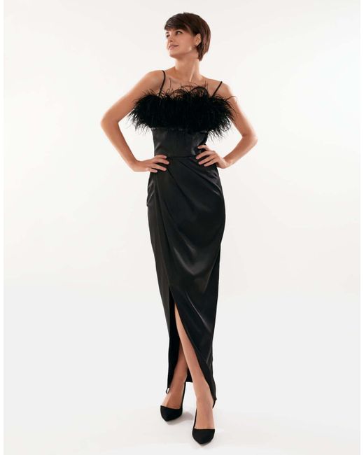 Millà Black Celina Slip Midi Feathered Dress