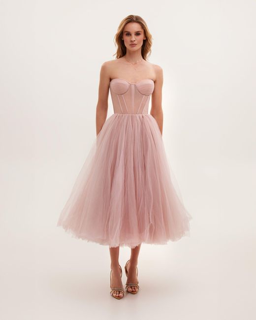 Millà Pink Strapless Puffy Midi Tulle Dress