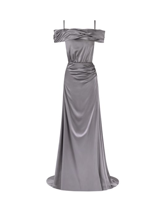 Millà Gray Elegant Off-The-Shoulder Silk Maxi Dress
