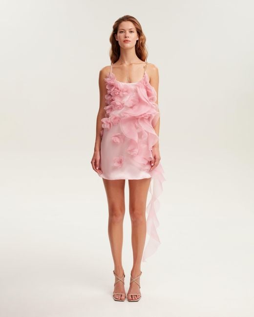 Millà Pink Romantic Ruffled Mini Dress With Rose Appliqu
