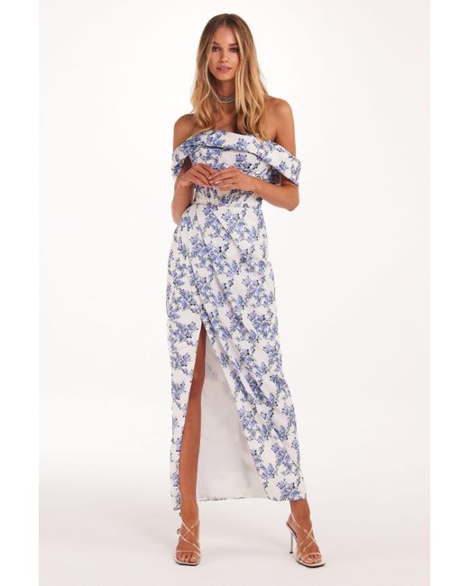 Millà Blue Hydrangea Off-Shoulder Satin Dress
