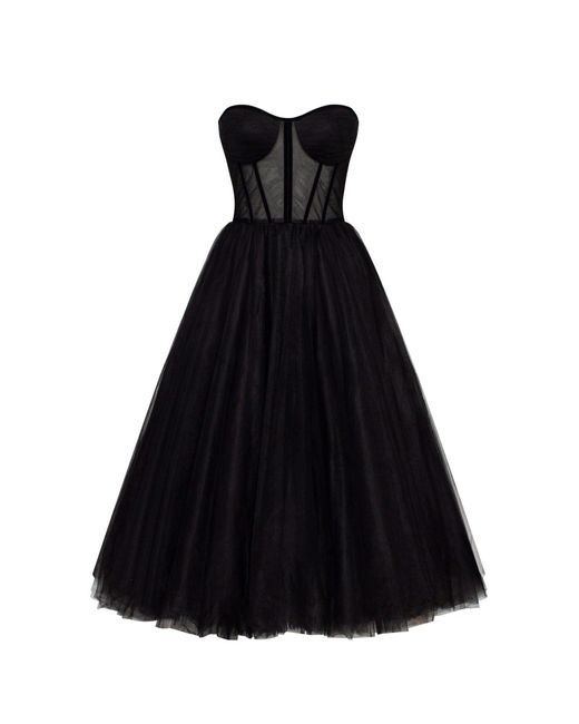 Millà Black Strapless Puffy Midi Tulle Dress