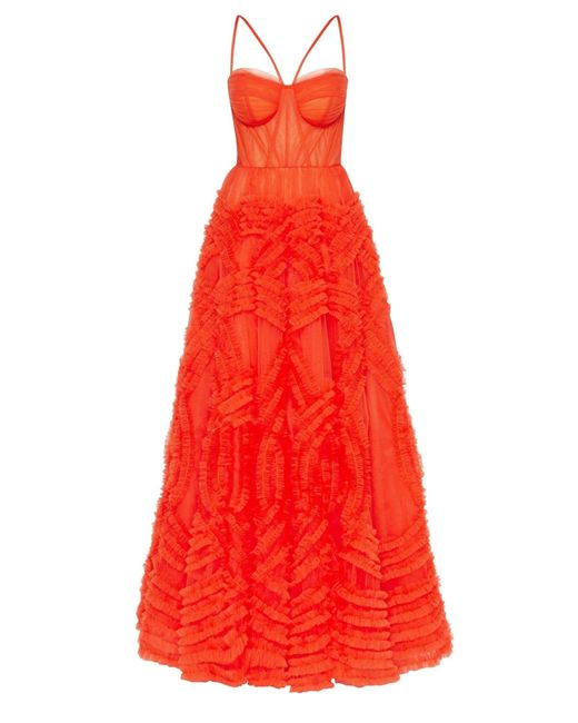 Millà Red Tangerine Tulle Ornament Maxi Dress