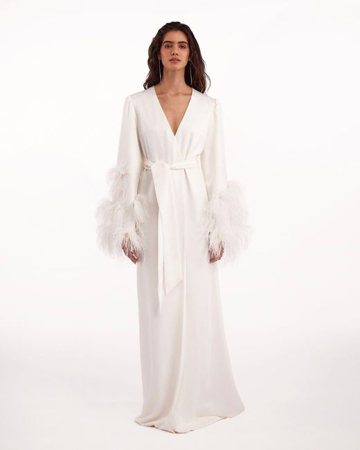 Millà White Delicate Feather-Trimmed Satin Robe