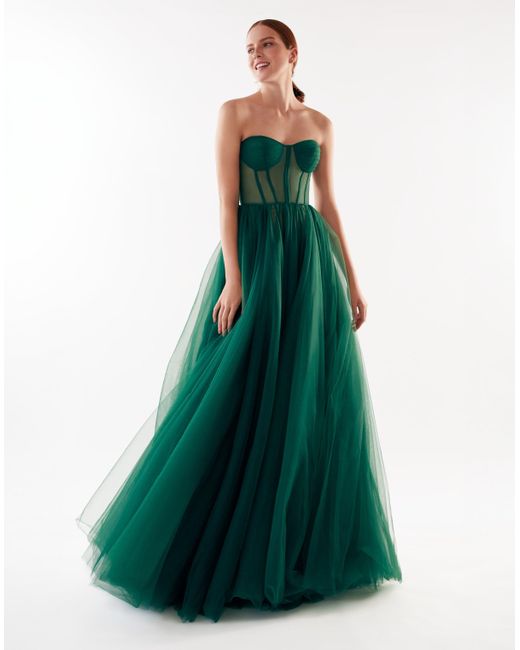 Millà Green Emerald Tulle Maxi Dress With A Corset Busti
