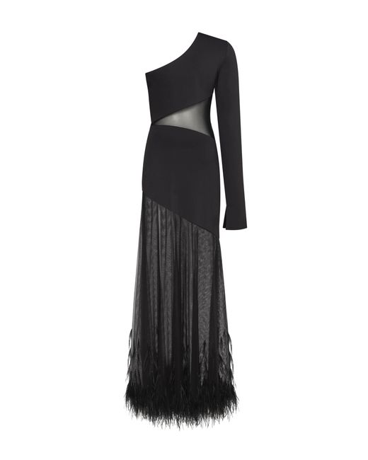 Millà Black One-Shoulder Maxi Dress With Feather-Trimmed Botto